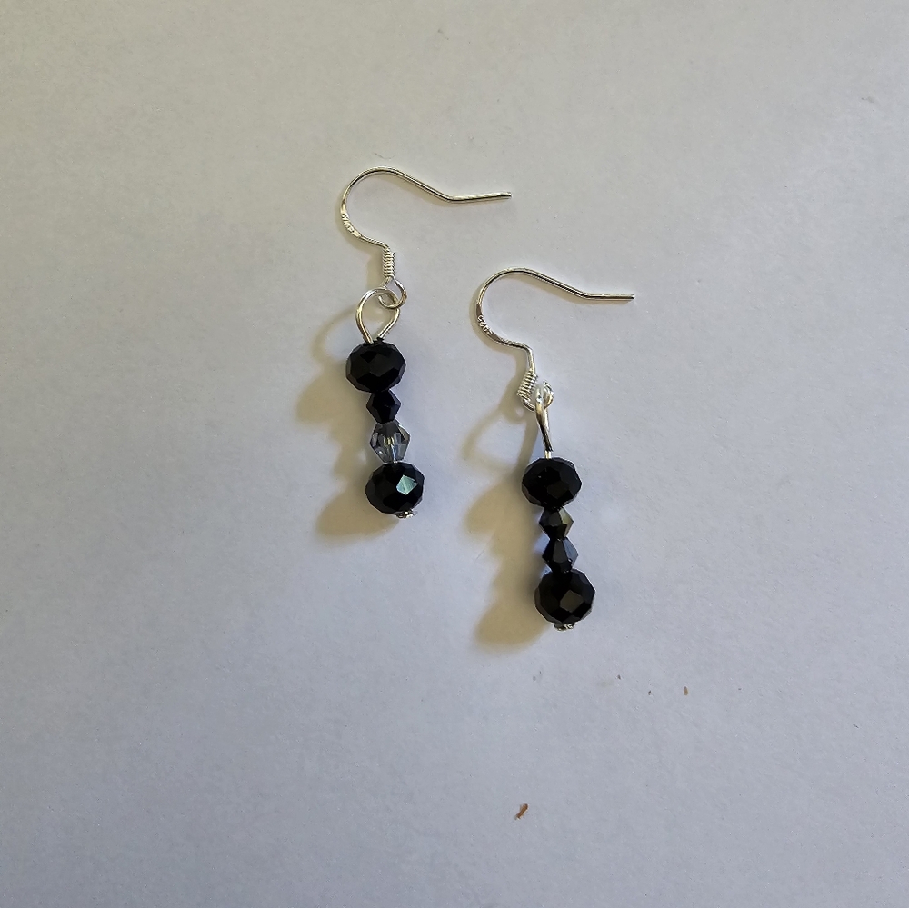 BLACK EBONY SILVER SWAROVSKI  BEAD  ACCENT CLASSIC DROP DANGLE EARRINGS